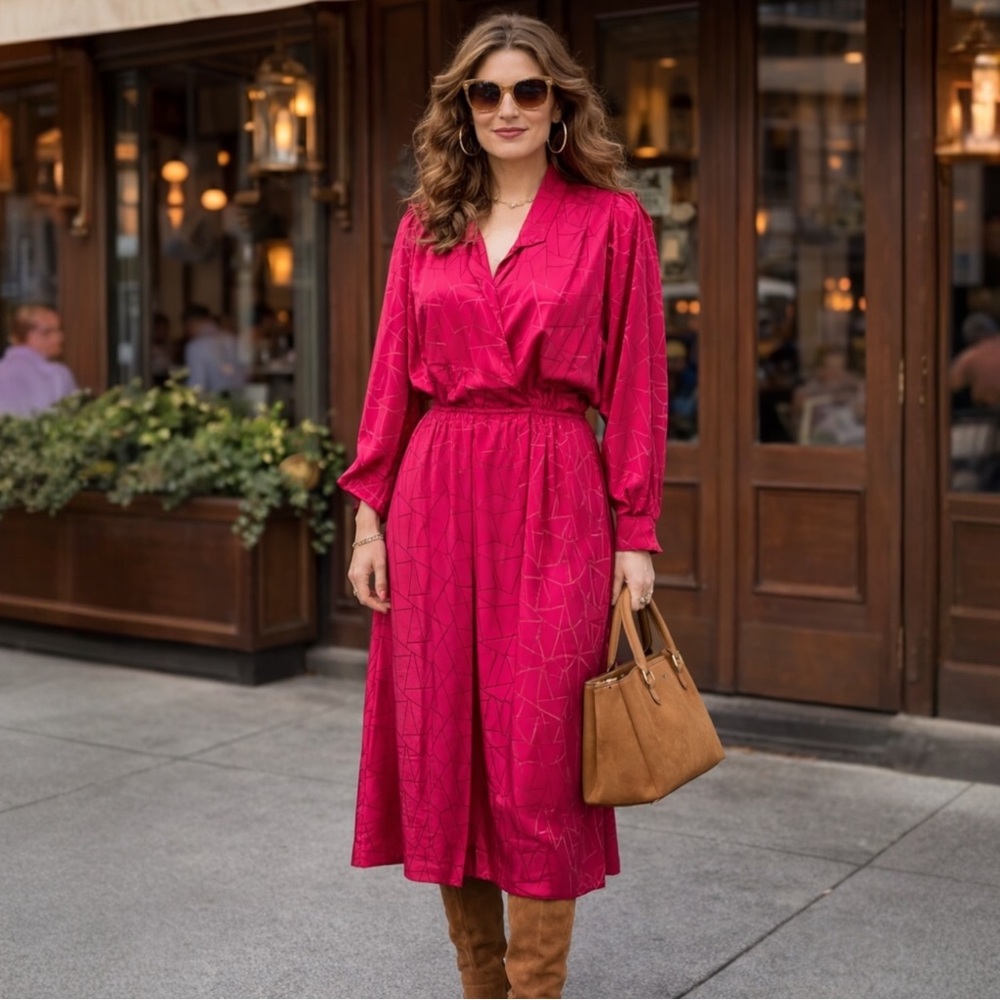 Vintage hot pink jacquard midi retro 80s 90s satin dress